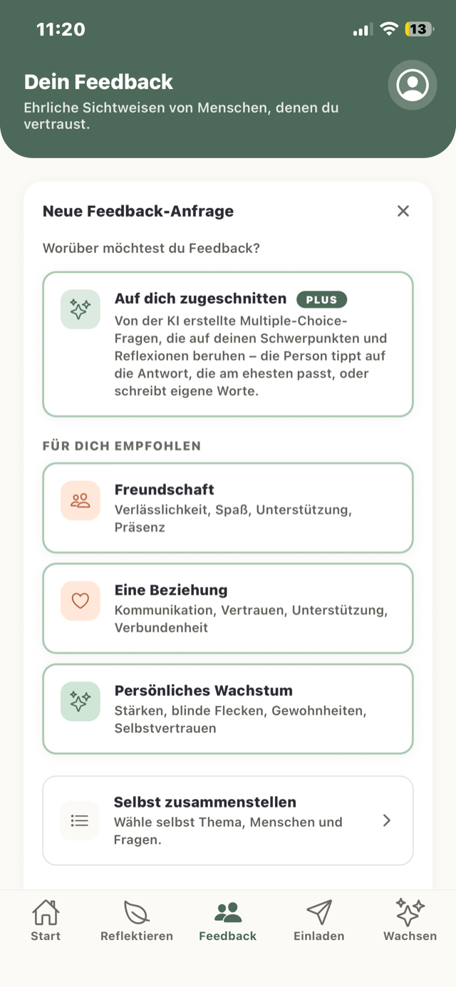 Der Bildschirm „Feedback“ in Wuna