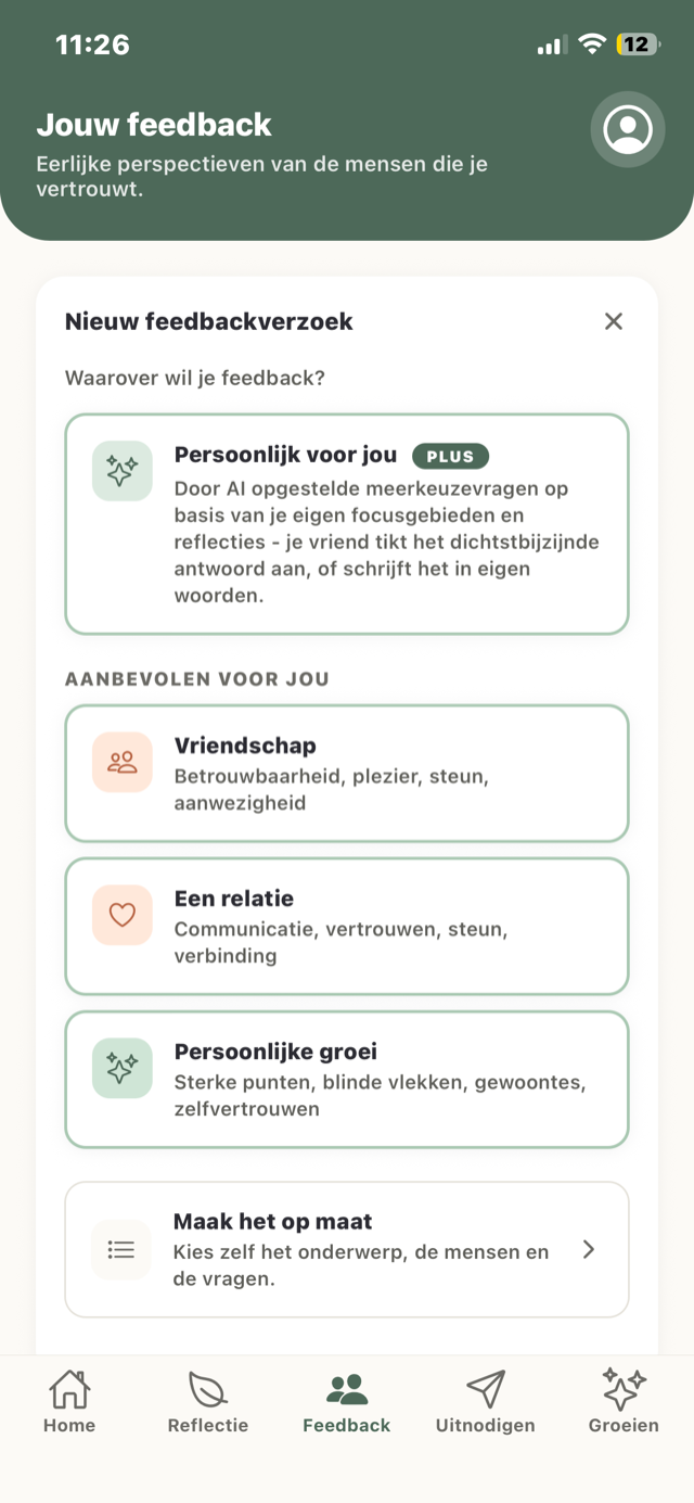Het scherm Feedback in Wuna