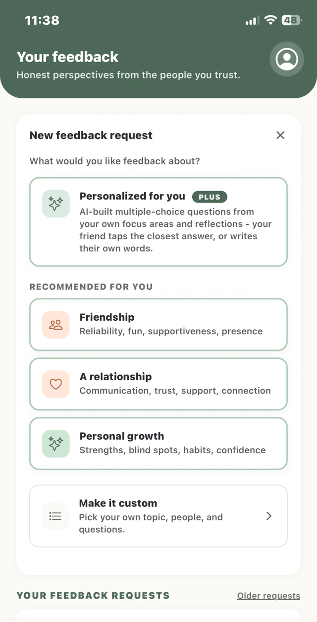 The Feedback screen in Wuna