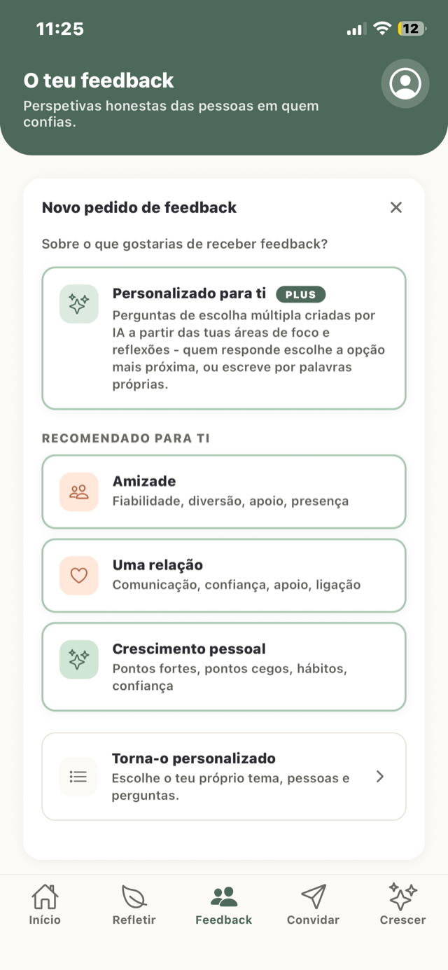 O ecrã Feedback na Wuna