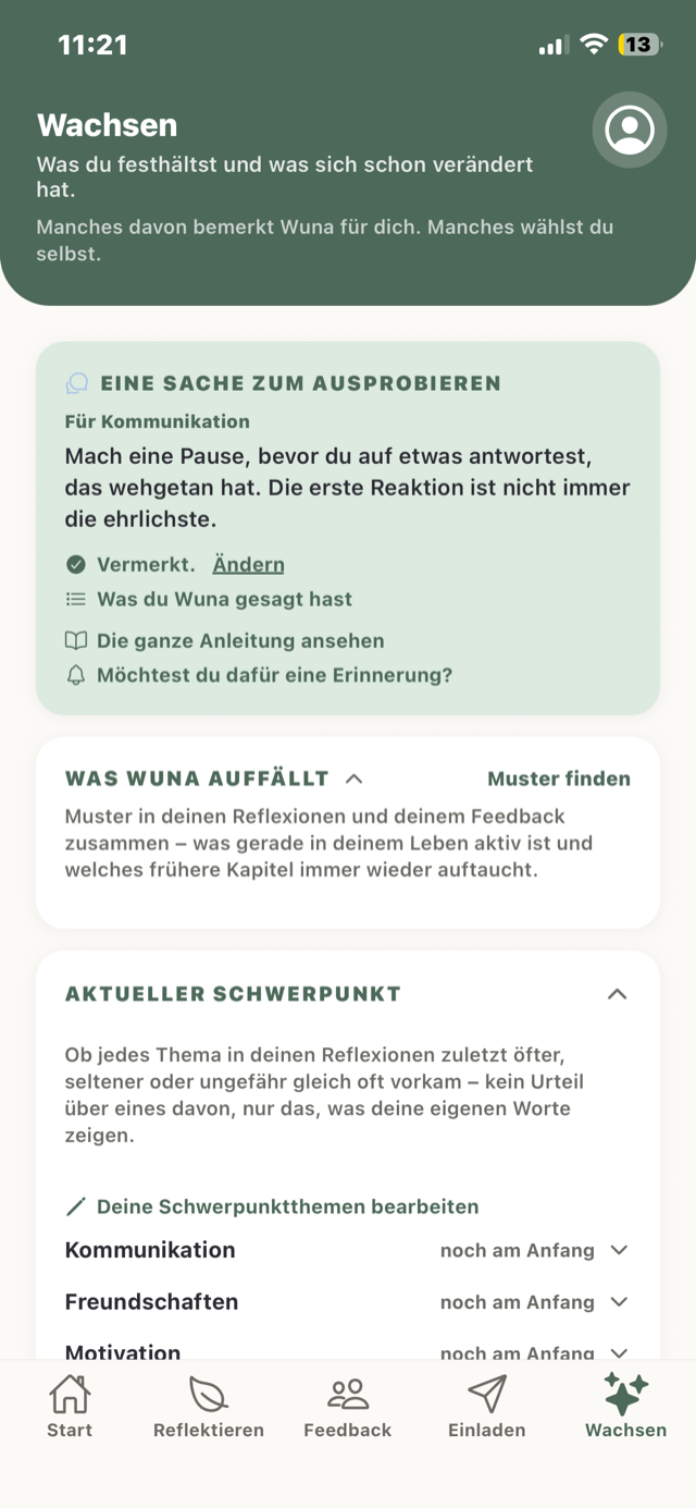 Der Bildschirm „Wachsen“ in Wuna