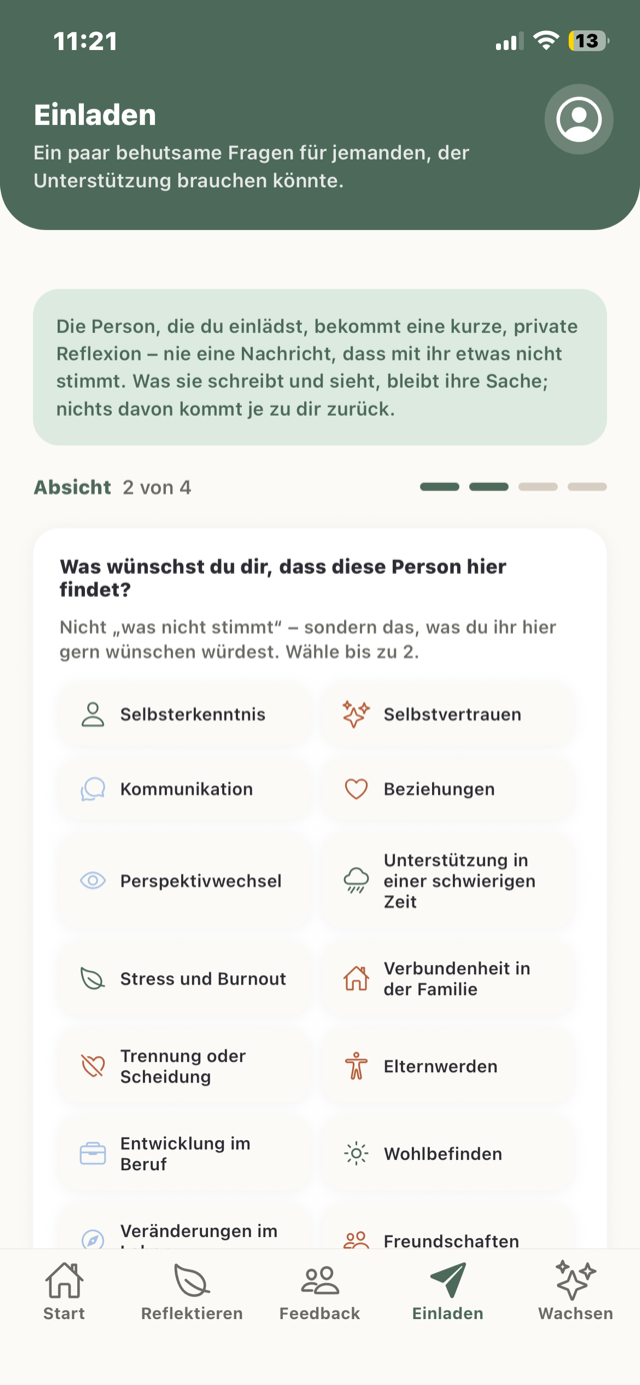 Der Bildschirm „Einladen“ in Wuna