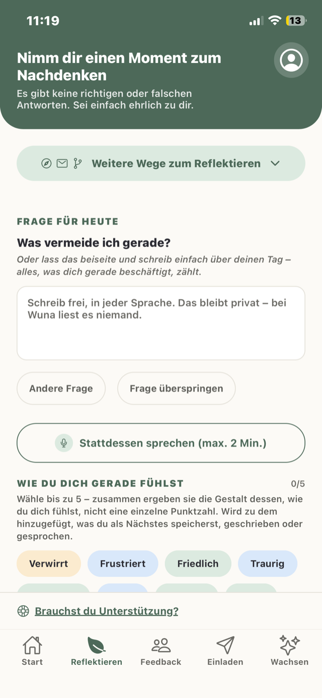 Der Bildschirm „Reflektieren“ in Wuna