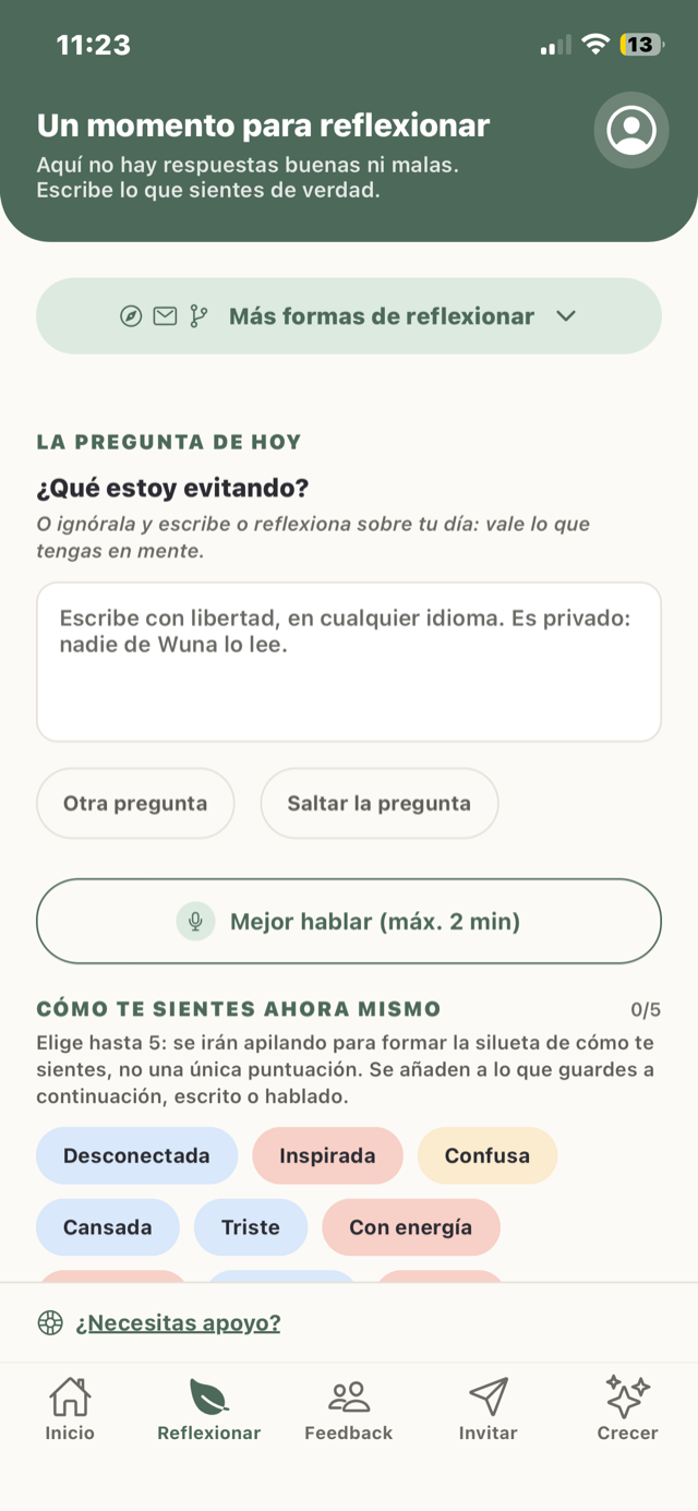La pantalla Reflexionar de Wuna