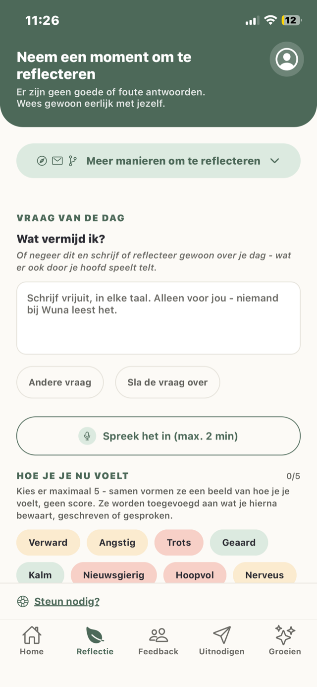 Het scherm Reflectie in Wuna