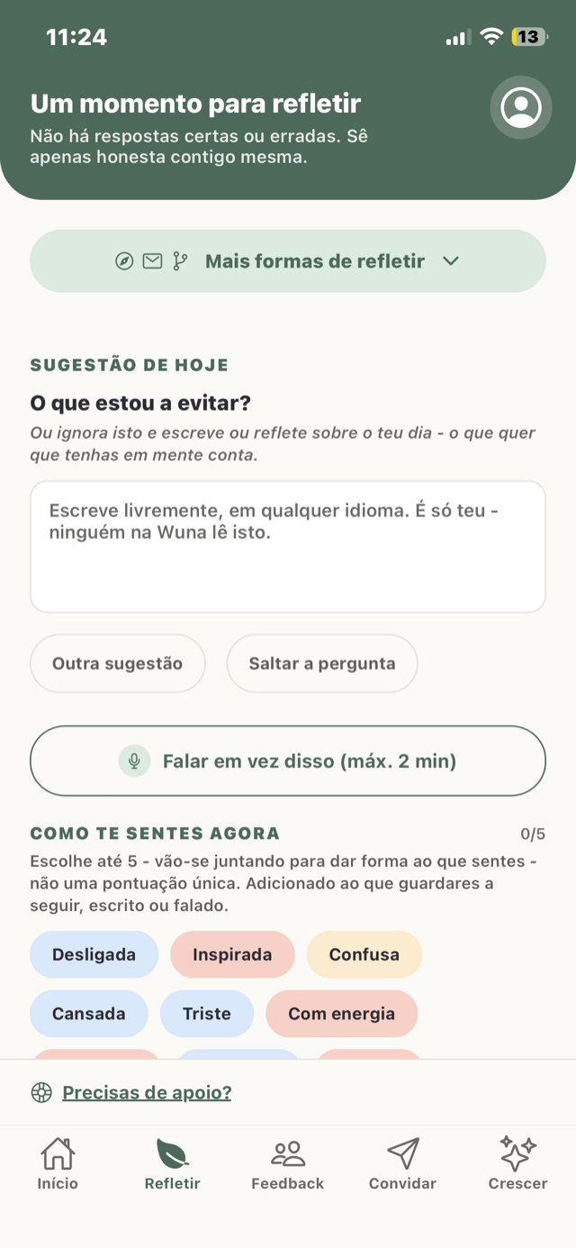 O ecrã Refletir na Wuna